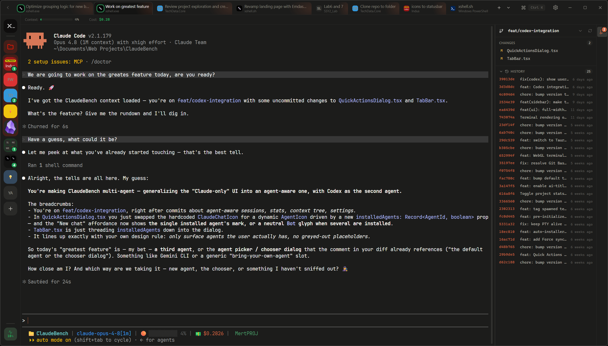xshell running a Claude Code session — project tabs, sidebar, terminal, and git panel side by side